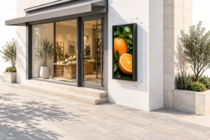 Outdoor-LCD neben einem Ladeneingang mit Sonnenlicht und Hilfslinien am Gehäuse