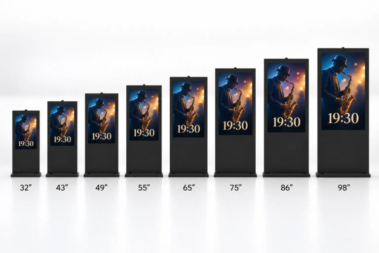 Illustration: Eight outdoor digital totems, from 32 to 98 inches, show the same music-event poster in increasing sizes.