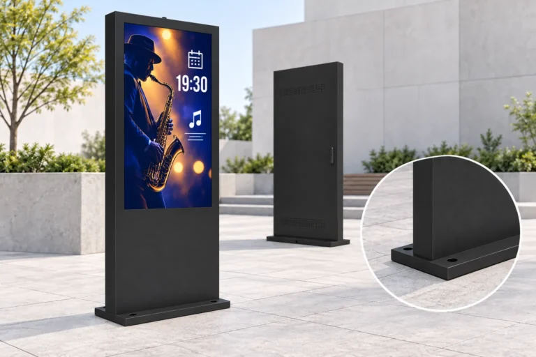 Illustration: Front and rear views of an outdoor digital totem with an event poster and a close-up of its fixed base.