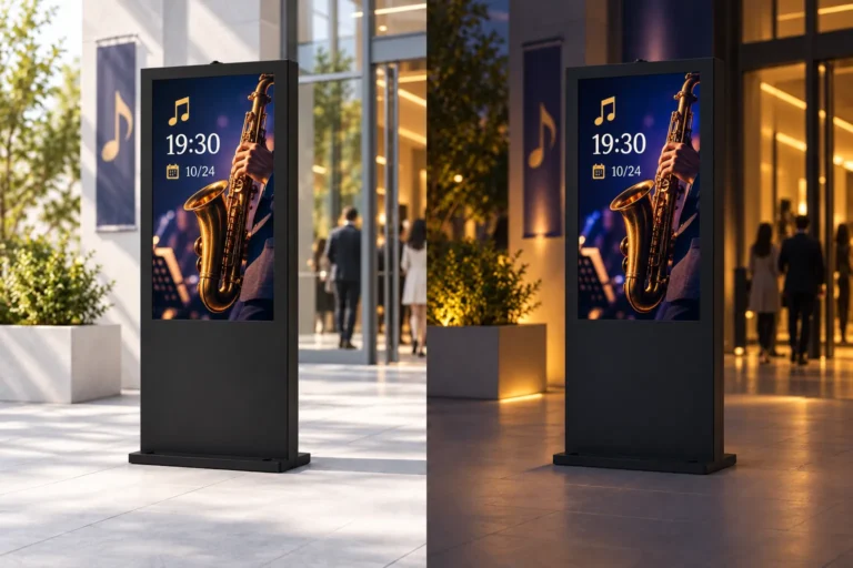 Illustration: The same outdoor digital totem shows a music-event poster at a venue entrance in daylight and at night.