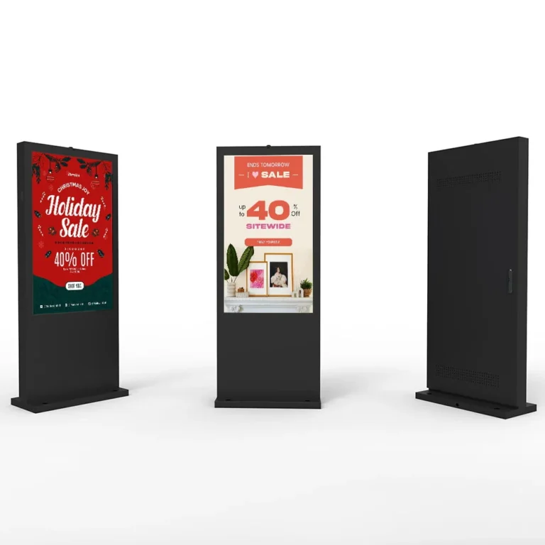 Black outdoor display totems with broad floor bases, shown from the front and rear.