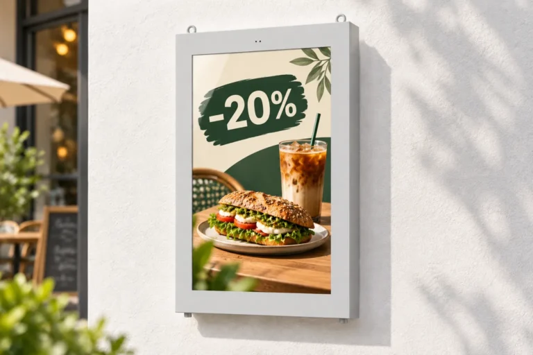 Illustration: A silver outdoor wall display promotes a sandwich-and-coffee offer beside a cafe terrace in daylight.