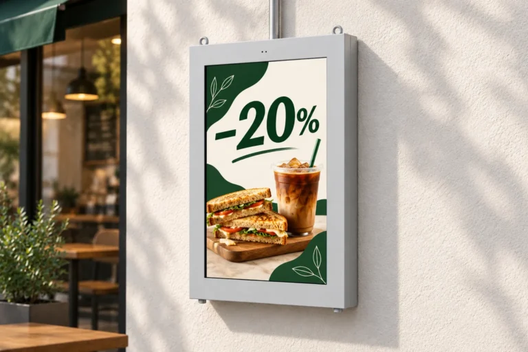 Illustration: An angled view of an outdoor wall display shows its enclosure depth while the screen advertises a cafe discount.