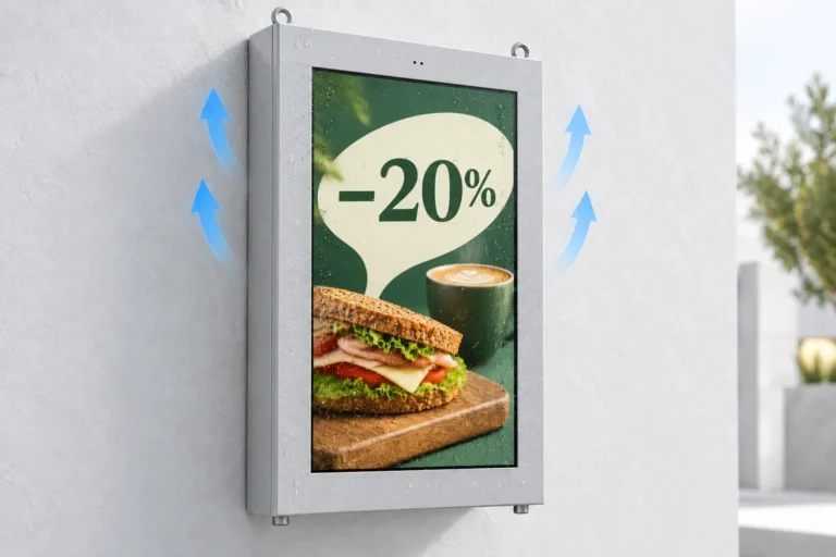 Illustration: An outdoor wall display shows a cafe offer, with rain droplets on the enclosure and schematic temperature-control arrows.