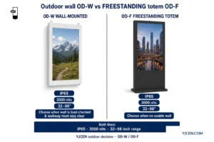 Gráfico de decisión lado a lado exterior de parete OD-W versus totem de pie OD-F mostrando IP65 e 3000 nits en ambas líneas 32–98 pulgadas