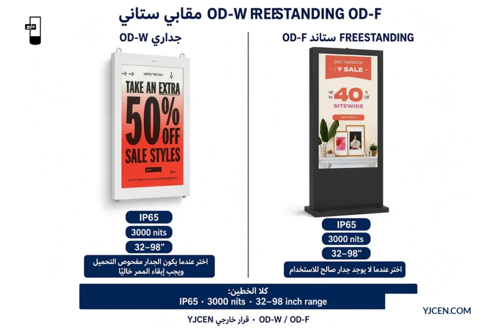رسم قرار جنباً إلى جنب: جداري OD-W مقابل ستاند OD-F يُظهر IP65 و3000 nit على كلا خطي 32–98 إنش