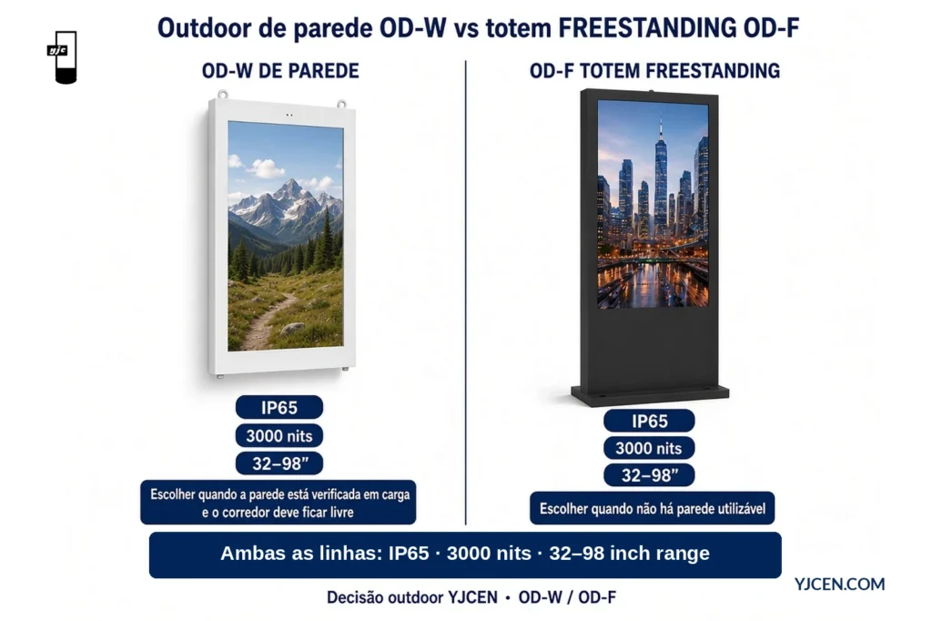 Gráfico de decisão lado a lado outdoor de parede OD-W versus totem de piso OD-F mostrando IP65 e 3000 nits em ambas as linhas 32–98 polegadas