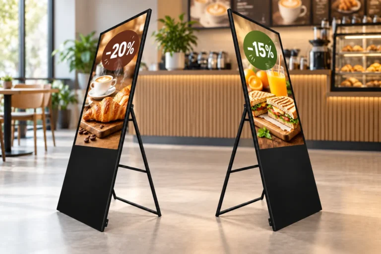 Illustration: Two slim portable A-frame displays show coffee and sandwich discounts inside a cafe.
