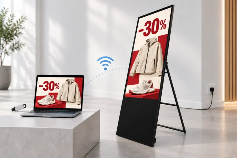 Illustration: A mains-powered portable display and laptop show the same clothing campaign beside USB and network-update symbols.