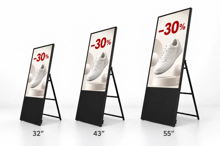 Illustration: Portable A-frame displays in 32-, 43- and 55-inch sizes show the same 30% shoe promotion.