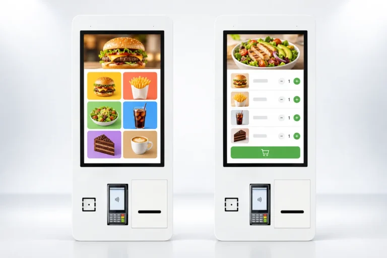 Illustration: Two ordering kiosks compare a large food-image menu with a compact menu and cart layout.
