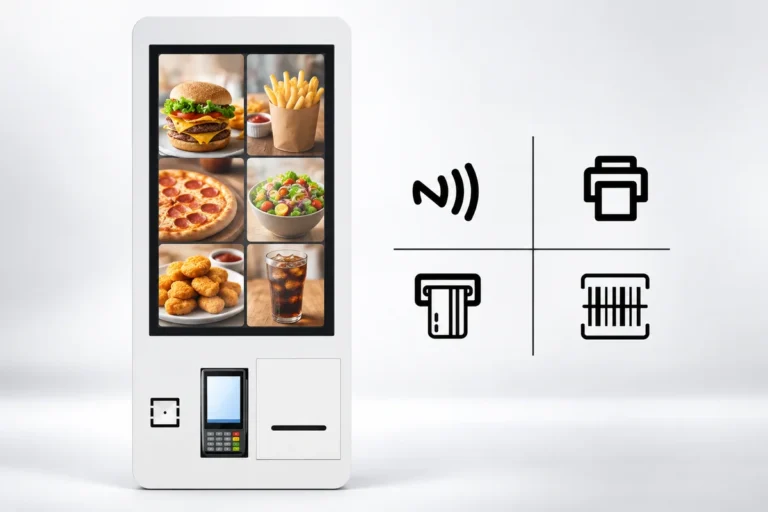 Illustration: A self-ordering kiosk shows a food menu beside symbols for contactless payment, printing and barcode scanning.
