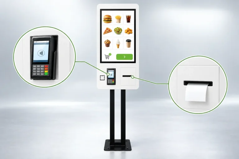 Illustration: A floor-standing ordering kiosk with close-ups of the payment terminal and printed receipt outlet.