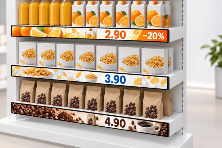 Illustration: LCD-Regalleisten zeigen Preise und Aktionen für Saft, Müsli und Kaffee, die jeweils direkt darüber stehen.