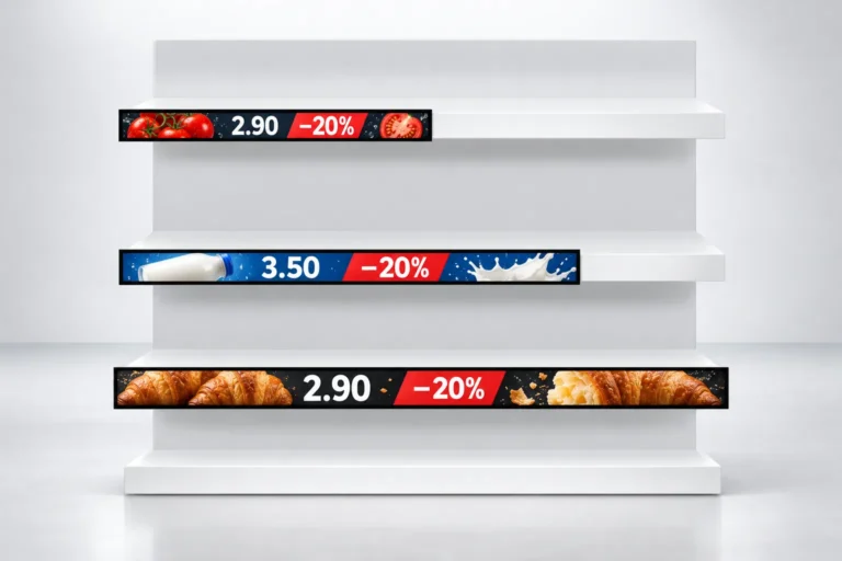 Illustration: Drei LCD-Displays im Streifenformat mit unterschiedlichen Längen zeigen Lebensmittelpreise und Angebote mit 20 % Rabatt.