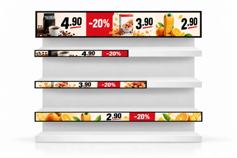 Illustration: LCD-Displays im Streifenformat zeigen Kaffee-, Müsli- und Saftpreise in breiten Bannern und getrennten Aktionsfeldern.