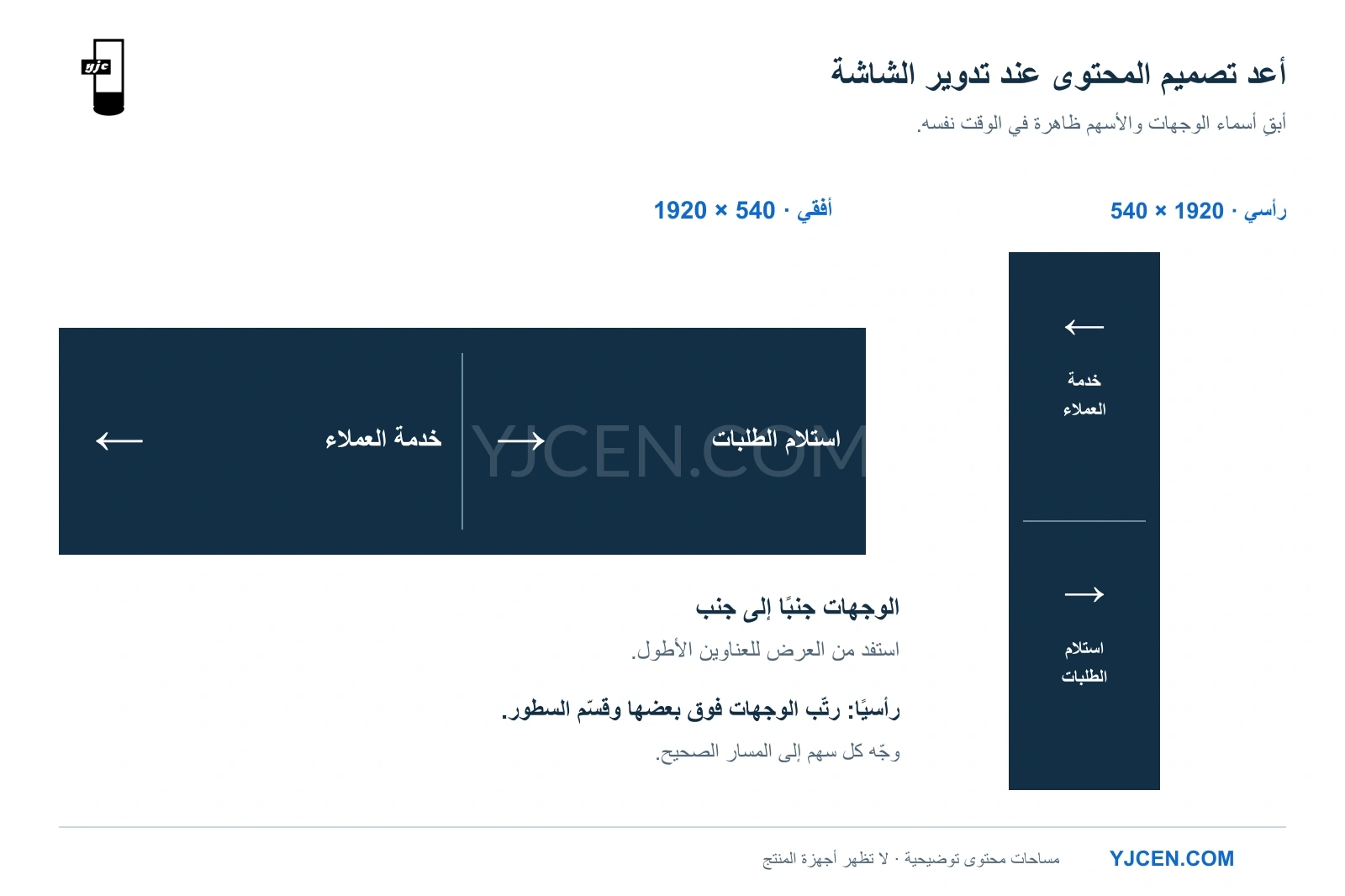 أمثلة للإرشاد: خدمة العملاء واستلام الطلبات جنبًا إلى جنب على مساحة أفقية ⁦1920 × 540⁩، وفوق بعضهما على مساحة رأسية ⁦540 × 1920.⁩
