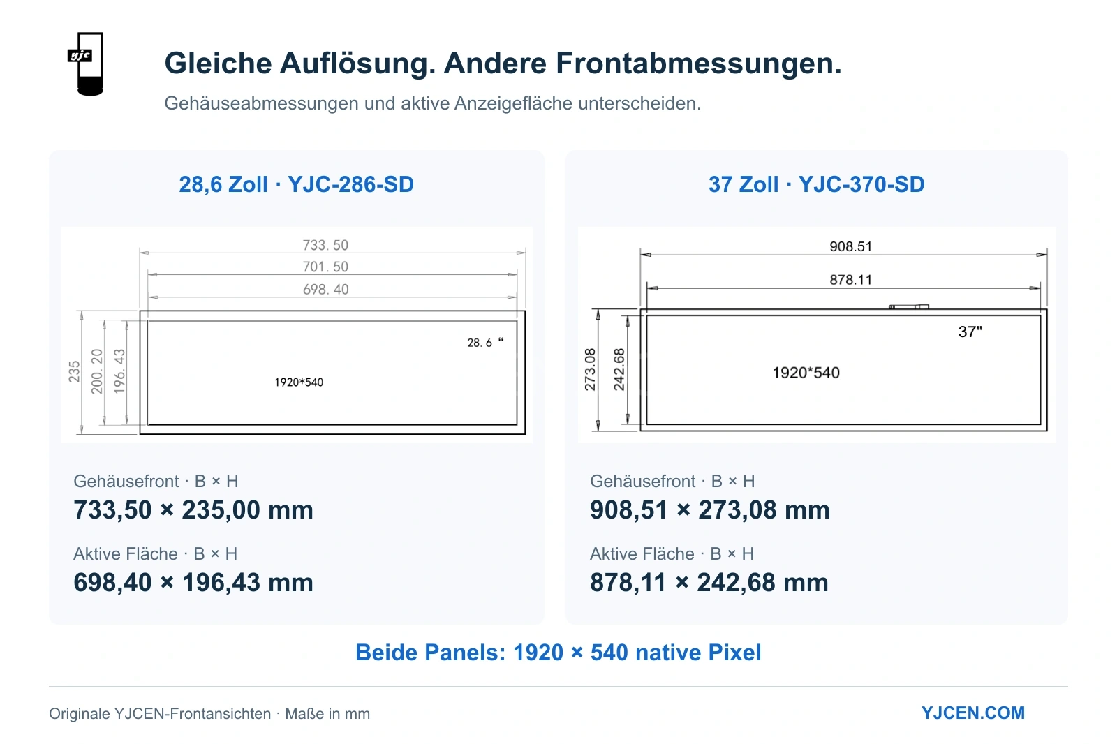 Originale Frontzeichnungen der Stretched-LCDs mit 28,6 und 37 Zoll zeigen Gehäusemaße von 733,50 × 235,00 mm beziehungsweise 908,51 × 273,08 mm.