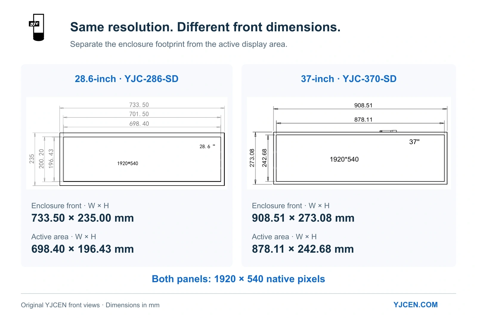 Original 28.6-inch and 37-inch stretched LCD front drawings compare enclosure dimensions of 733.50 × 235.00 mm and 908.51 × 273.08 mm, respectively.