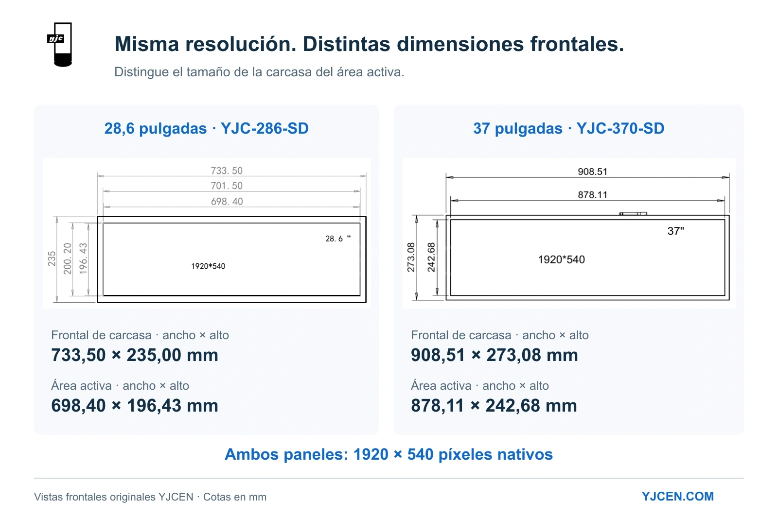 Planos frontales originales de LCD alargados de 28,6 y 37 pulgadas con carcasas de 733,50 × 235,00 mm y 908,51 × 273,08 mm, respectivamente.