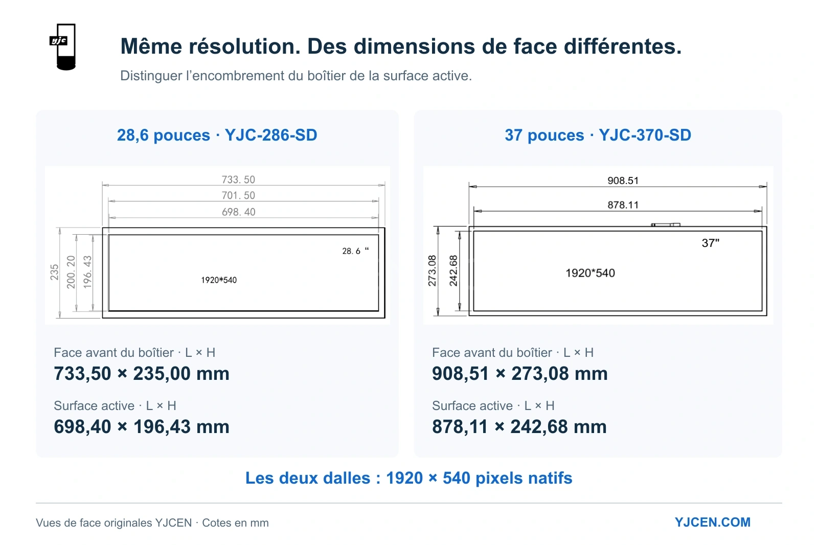 Dessins de face originaux des LCD étirés de 28,6 et 37 pouces : boîtiers de 733,50 × 235,00 mm et 908,51 × 273,08 mm, respectivement.
