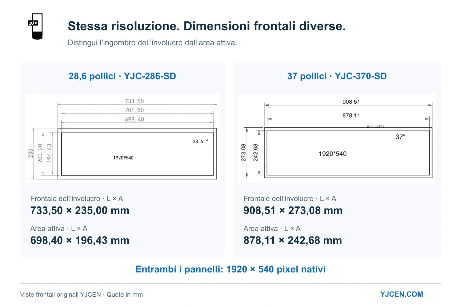 Disegni frontali originali degli LCD allungati da 28,6 e 37 pollici, con involucri da 733,50 × 235,00 mm e 908,51 × 273,08 mm rispettivamente.