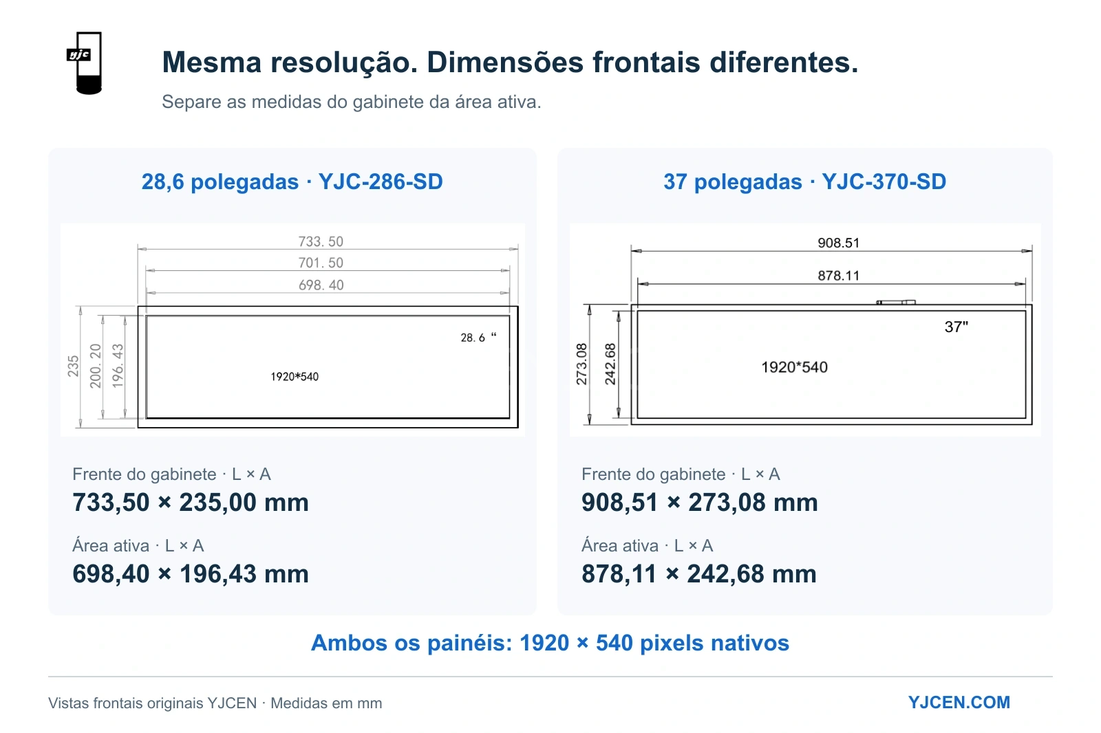 Desenhos frontais originais de LCDs alongados de 28,6 e 37 polegadas mostram gabinetes de 733,50 × 235,00 mm e 908,51 × 273,08 mm, respectivamente.