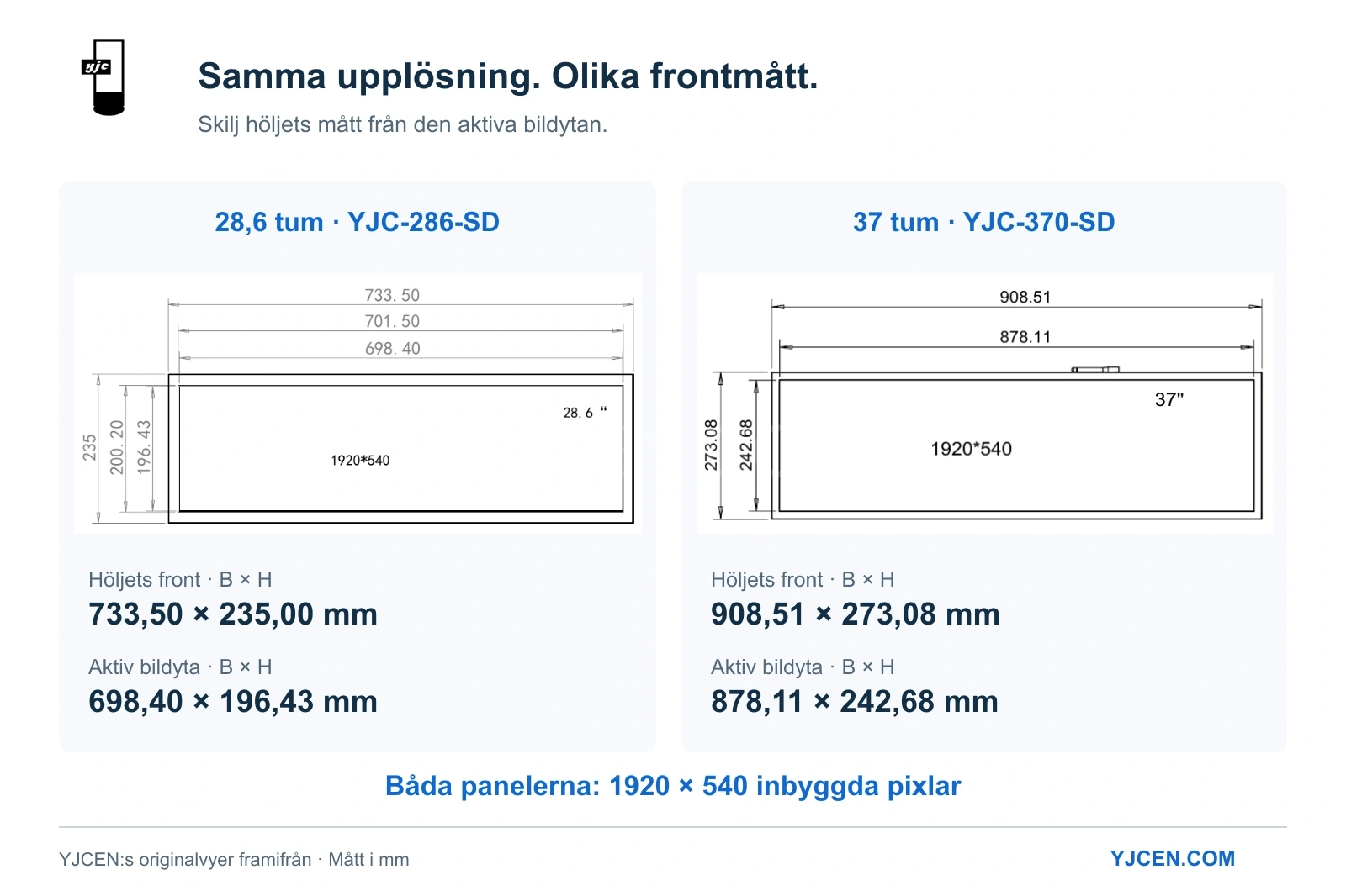 Originalritningar framifrån av avlånga LCD-skärmar på 28,6 och 37 tum visar höljen på 733,50 × 235,00 mm respektive 908,51 × 273,08 mm.