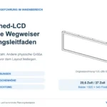 Planungshilfe für Stretched-LCD-Wegweiser im Innenbereich mit Originalansicht des YJC-286-SD und den Themen Panelgröße, Zeichenhöhe und Inhaltsausrichtung.