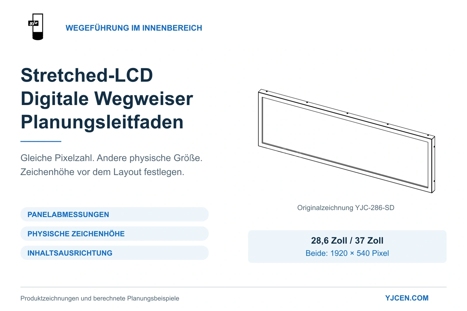 Planungshilfe für Stretched-LCD-Wegweiser im Innenbereich mit Originalansicht des YJC-286-SD und den Themen Panelgröße, Zeichenhöhe und Inhaltsausrichtung.