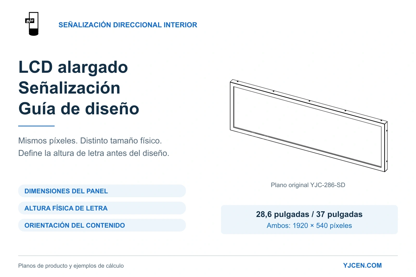 Guía de LCD alargados para orientación interior, con una vista técnica original del YJC-286-SD y criterios de tamaño, altura de letras y orientación del contenido.