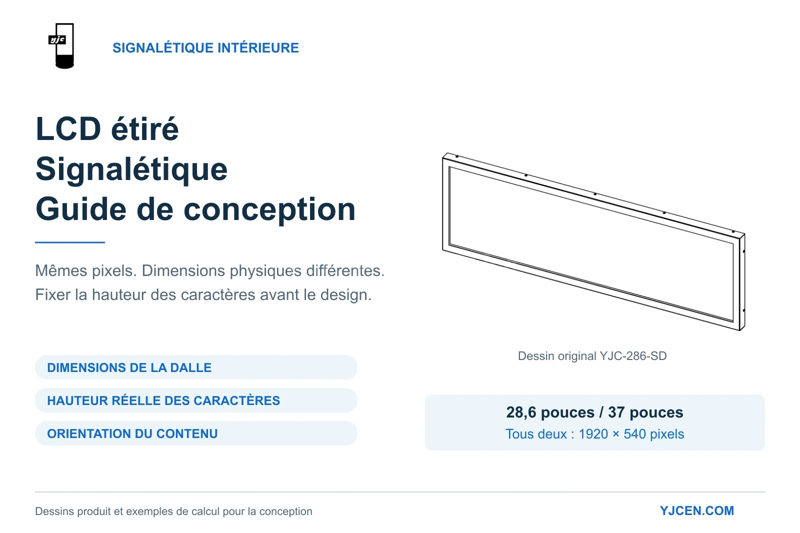 Guide de conception de la signalétique intérieure sur LCD étiré, avec une vue technique originale du YJC-286-SD et les critères de format, de hauteur des caractères et d’orientation.