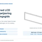 Planningsgids voor stretched LCD-bewegwijzering binnen, met een originele technische weergave van de YJC-286-SD en aandacht voor paneelmaat, letterhoogte en oriëntatie.