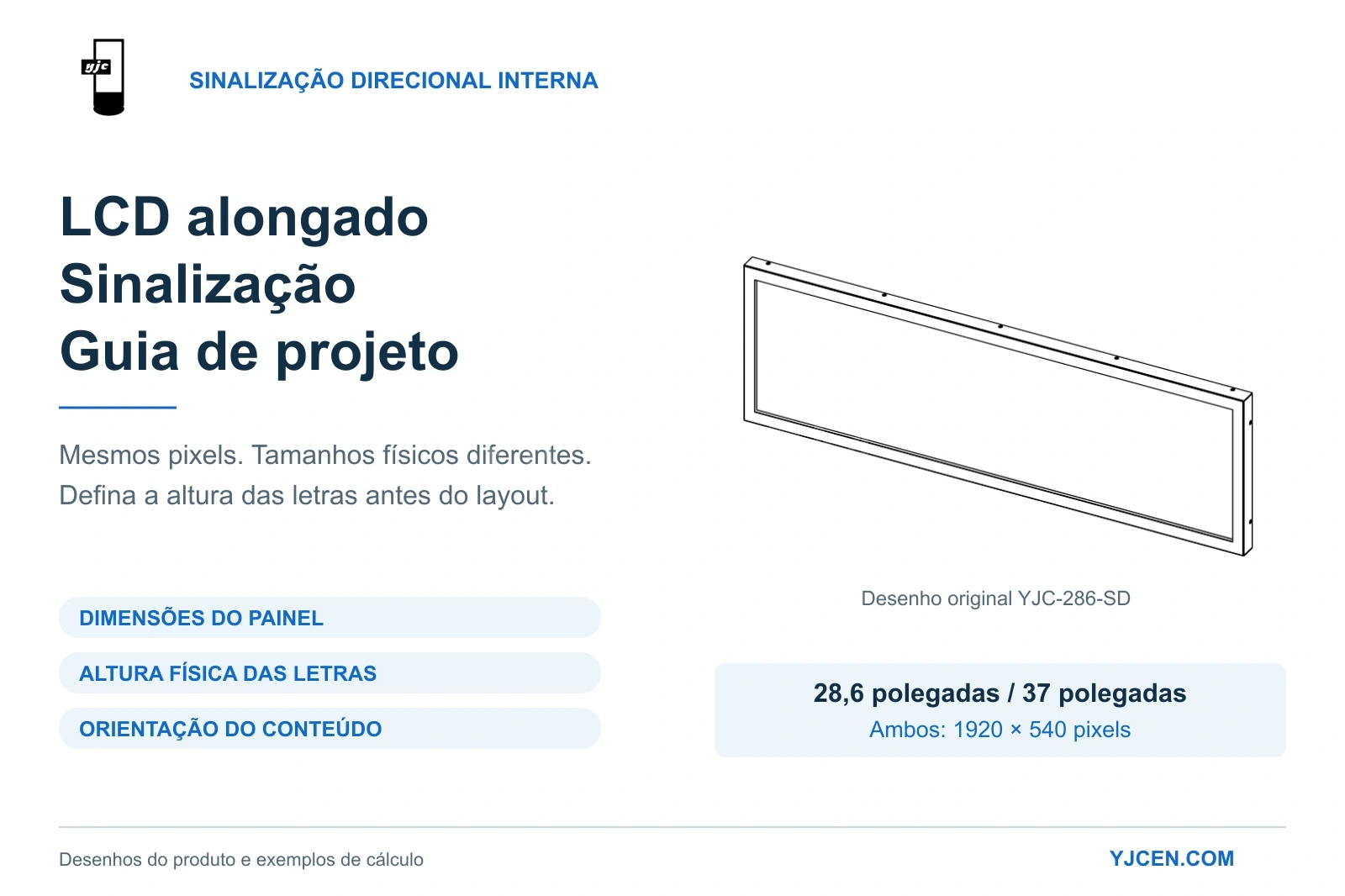 Guia de LCD alongado para orientação interna, com vista técnica original do YJC-286-SD e critérios de tamanho, altura de caracteres e orientação do conteúdo.