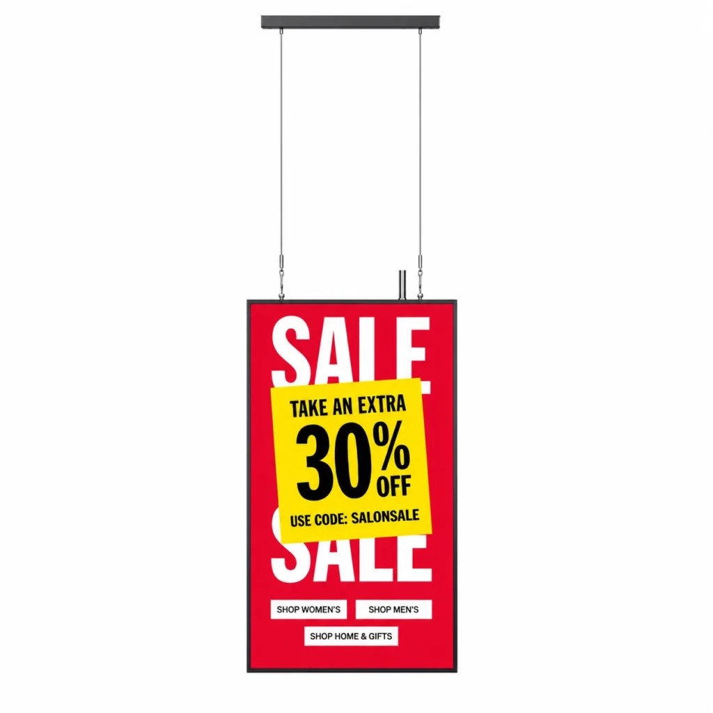 Illustration: A front view of a suspended window display with two cables and a red 30% discount advertisement.