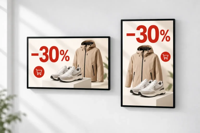 Illustration: Wanddisplays im Quer- und Hochformat zeigen denselben Kleidungsrabatt mit jeweils passend angeordneten Inhalten.