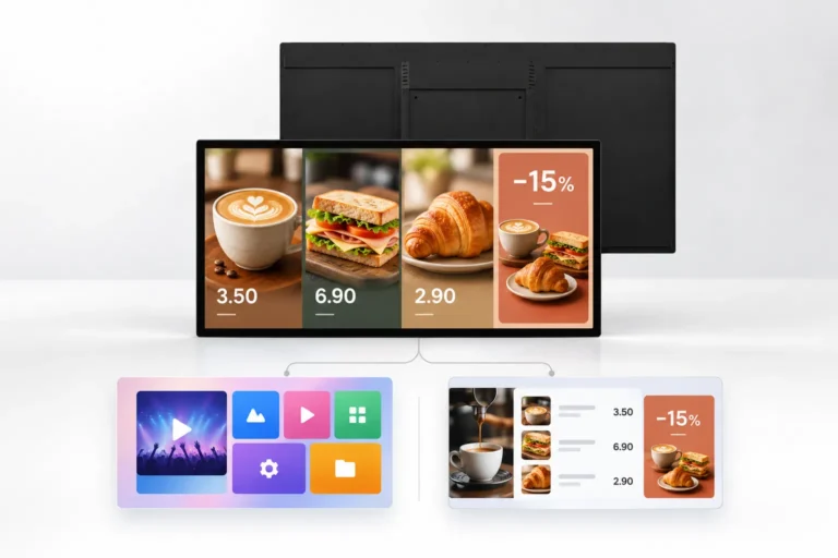 Illustration: Vorder- und Rückansicht eines Indoor-Wanddisplays mit einer Café-Speisekarte und getrennten Beispielen für Wiedergabeoberflächen.