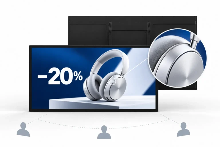 Illustration: Ein Indoor-Wanddisplay zeigt einen Kopfhörerrabatt mit einer Detailvergrößerung und Symbolen für Betrachtungspositionen.