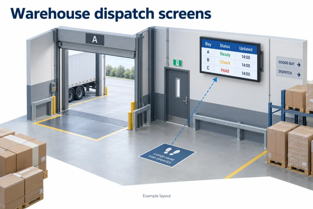 A warehouse loading area has a dispatch screen showing bay status and update times, viewed from a marked standing position.