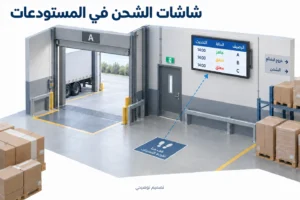 منطقة تحميل في مستودع تضم شاشة شحن تعرض حالات الأرصفة وأوقات التحديث، وتُشاهد من موضع وقوف محدد.