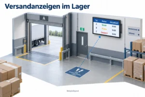 Im Ladebereich zeigt ein Bildschirm Torstatus und Aktualisierungszeiten; eine markierte Stehposition dient als Betrachtungspunkt.
