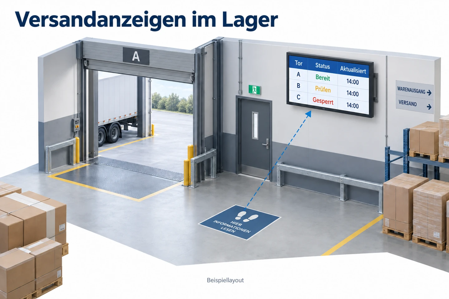 Im Ladebereich zeigt ein Bildschirm Torstatus und Aktualisierungszeiten; eine markierte Stehposition dient als Betrachtungspunkt.