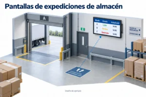 Una zona de carga de almacén tiene una pantalla de expediciones que muestra el estado de los muelles y las horas de actualización, vista desde un punto señalizado.