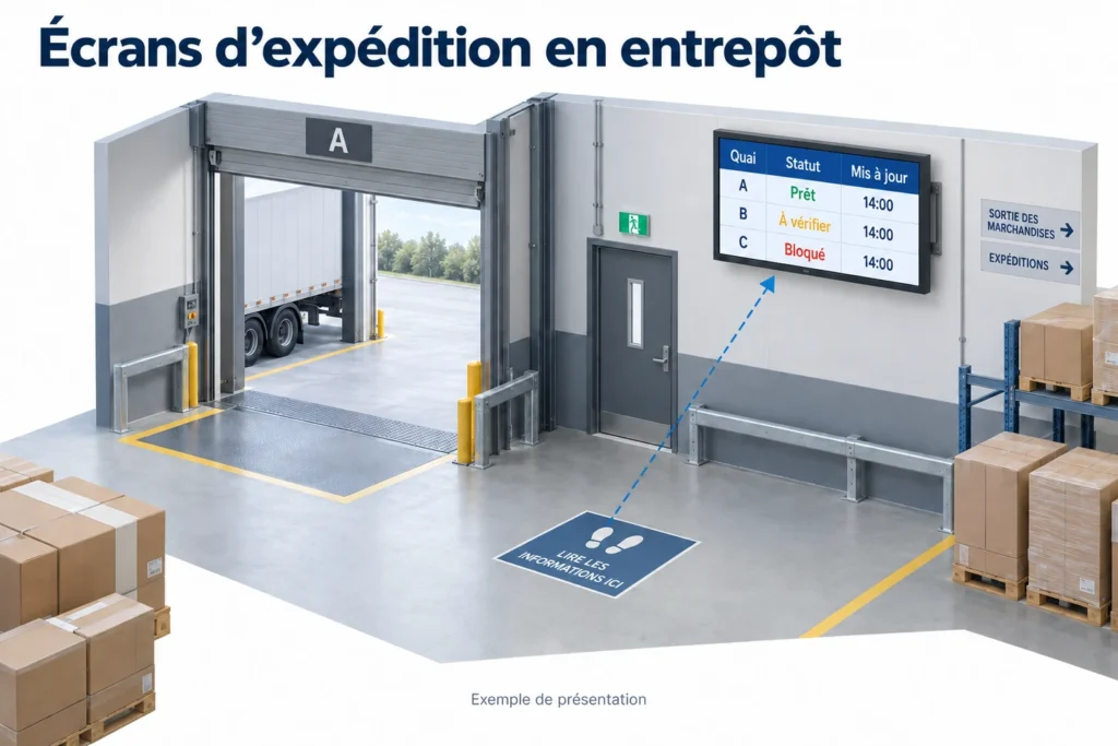 Dans une zone de chargement, un écran affiche les états des quais et les heures de mise à jour depuis un point de lecture matérialisé.
