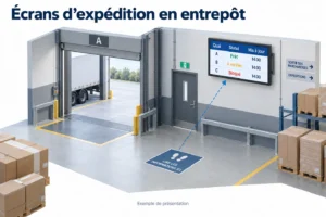 Dans une zone de chargement, un écran affiche les états des quais et les heures de mise à jour depuis un point de lecture matérialisé.