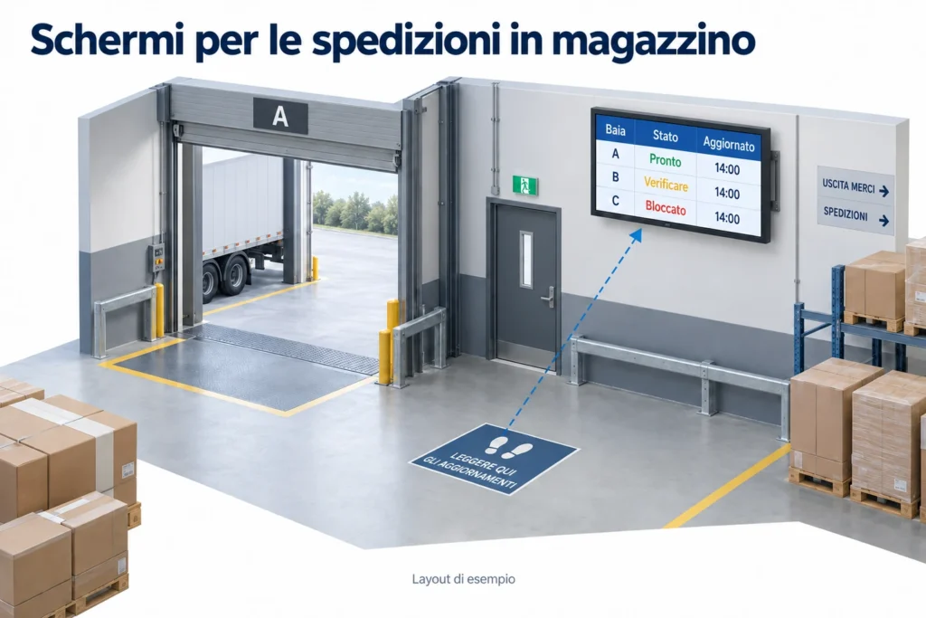 Un'area di carico del magazzino con uno schermo per le spedizioni che mostra lo stato delle baie e gli orari di aggiornamento, visto da un punto segnalato.
