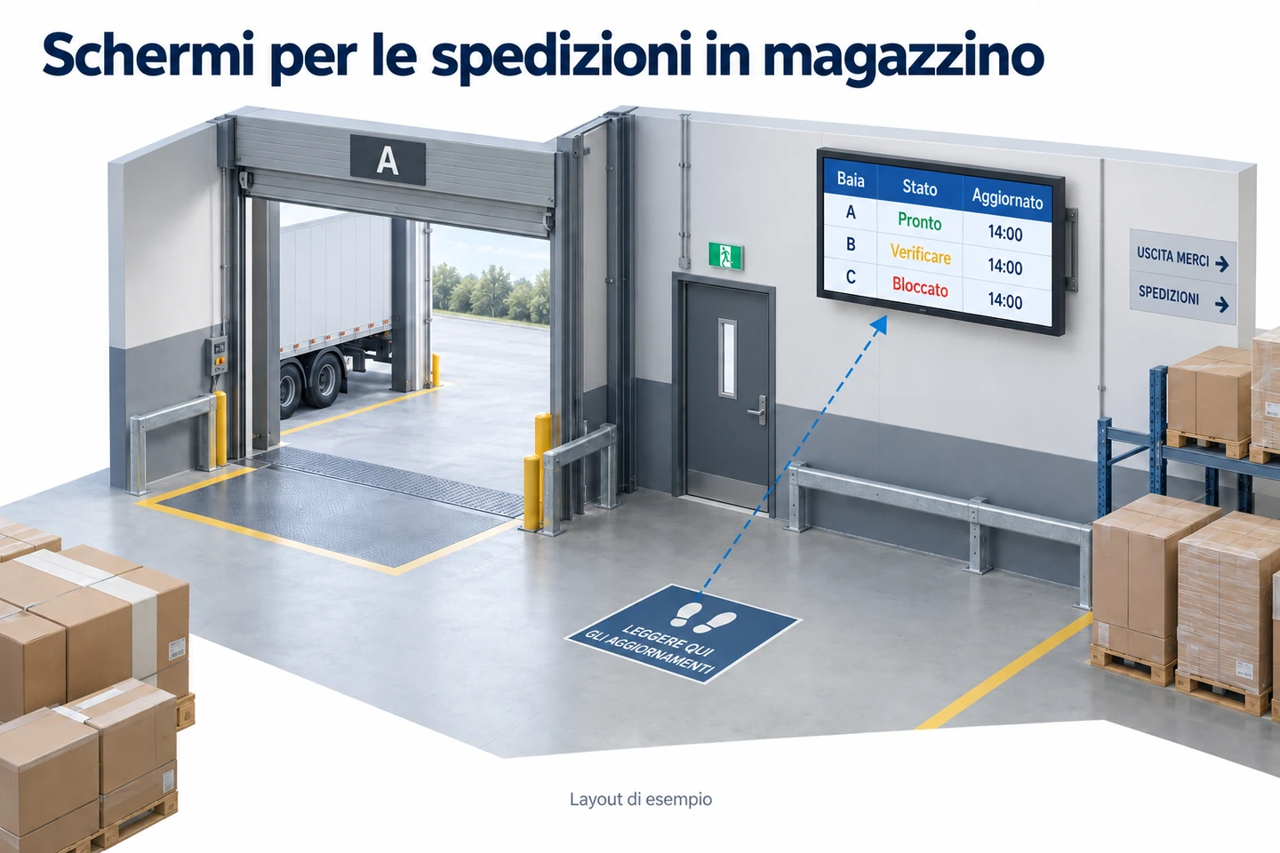 Un'area di carico del magazzino con uno schermo per le spedizioni che mostra lo stato delle baie e gli orari di aggiornamento, visto da un punto segnalato.