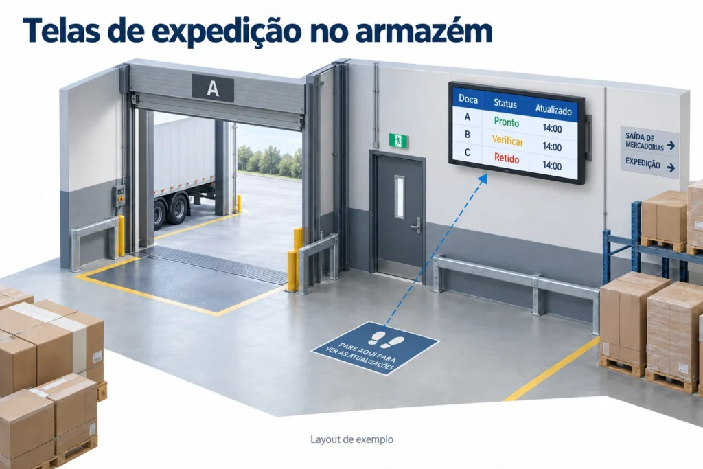 Uma área de carregamento tem uma tela de expedição com status das docas e horários de atualização, vista de uma posição de leitura demarcada.