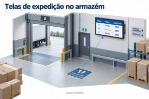 Uma área de carregamento tem uma tela de expedição com status das docas e horários de atualização, vista de uma posição de leitura demarcada.