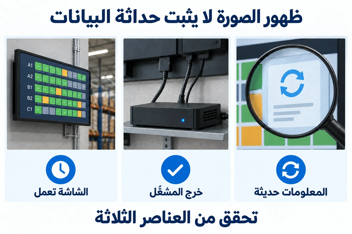 ثلاثة أقسام تعرض شاشة مستودع تعمل ومشغّل وسائط متصلًا ورمزًا لتحديث المعلومات.